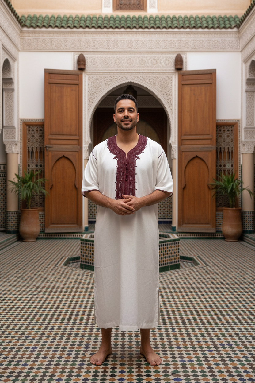 Abaya Marocaine Courte - Blanc/Bordeaux