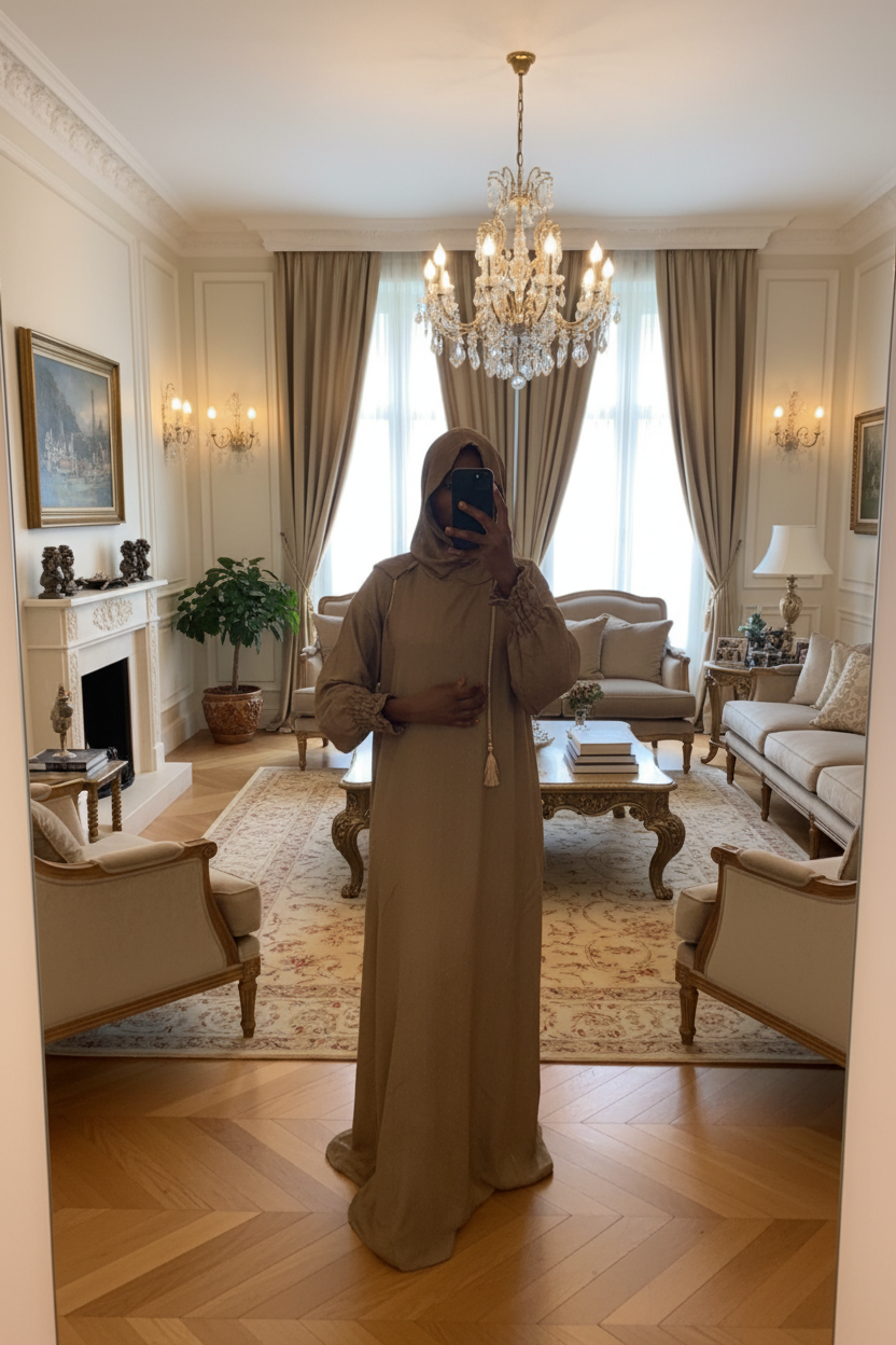 Abaya Taupe – Broderie Dorée & Pompon