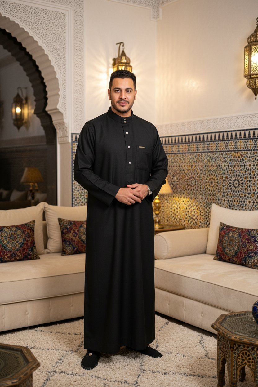Jalabé Style Dubai Homme – Col Mao & Boutons Dorés