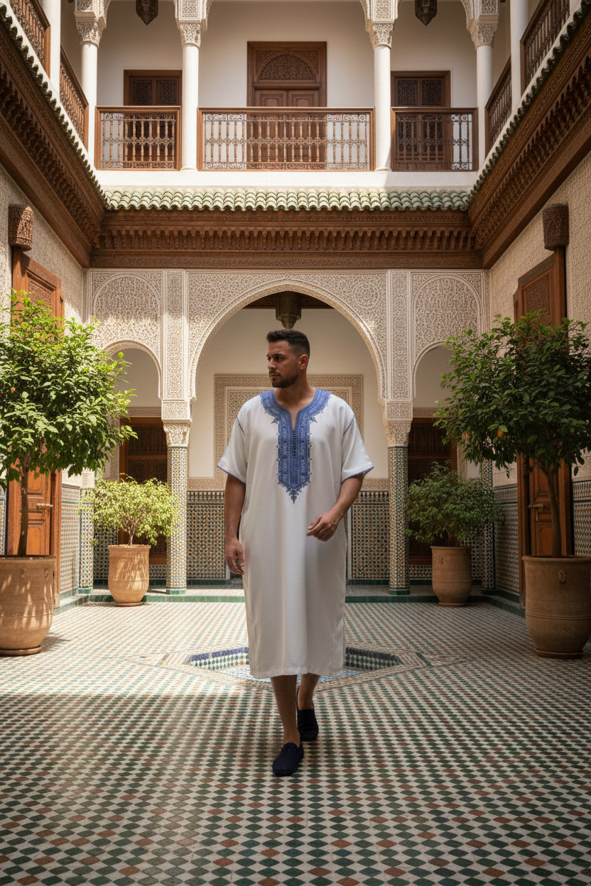 Abaya Marocaine Courte – 100% Coton | Broderie Traditionnelle